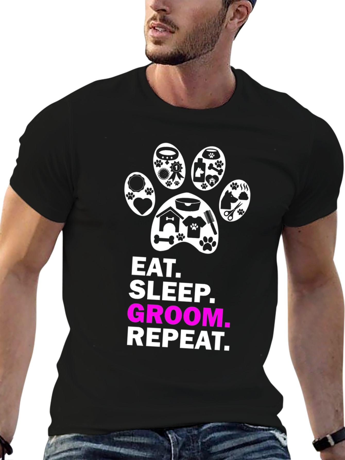 Eat Sleep Groom Repeat Dog Paw Print T-Shirt