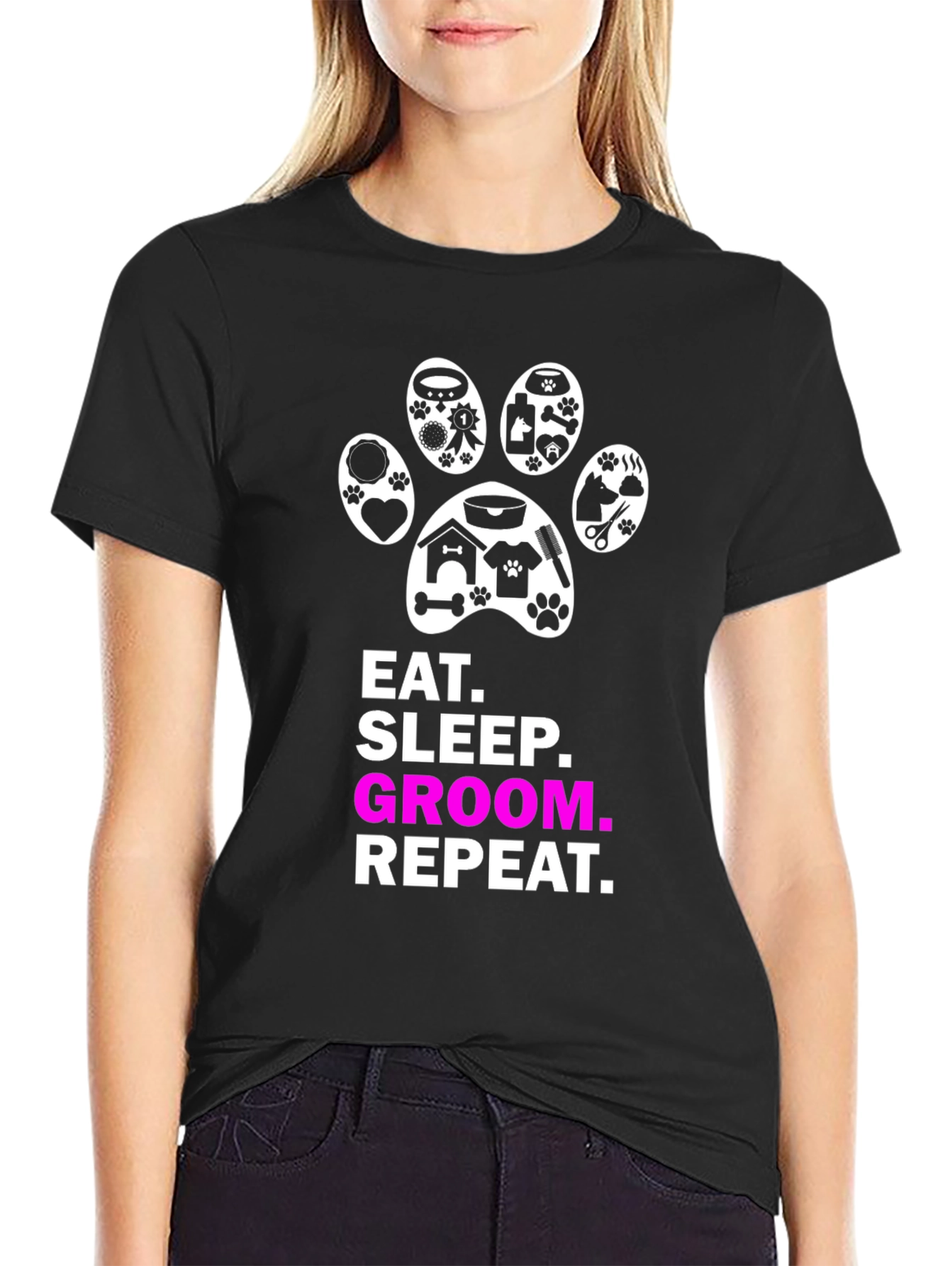 Eat Sleep Groom Repeat Dog Paw Print T-Shirt
