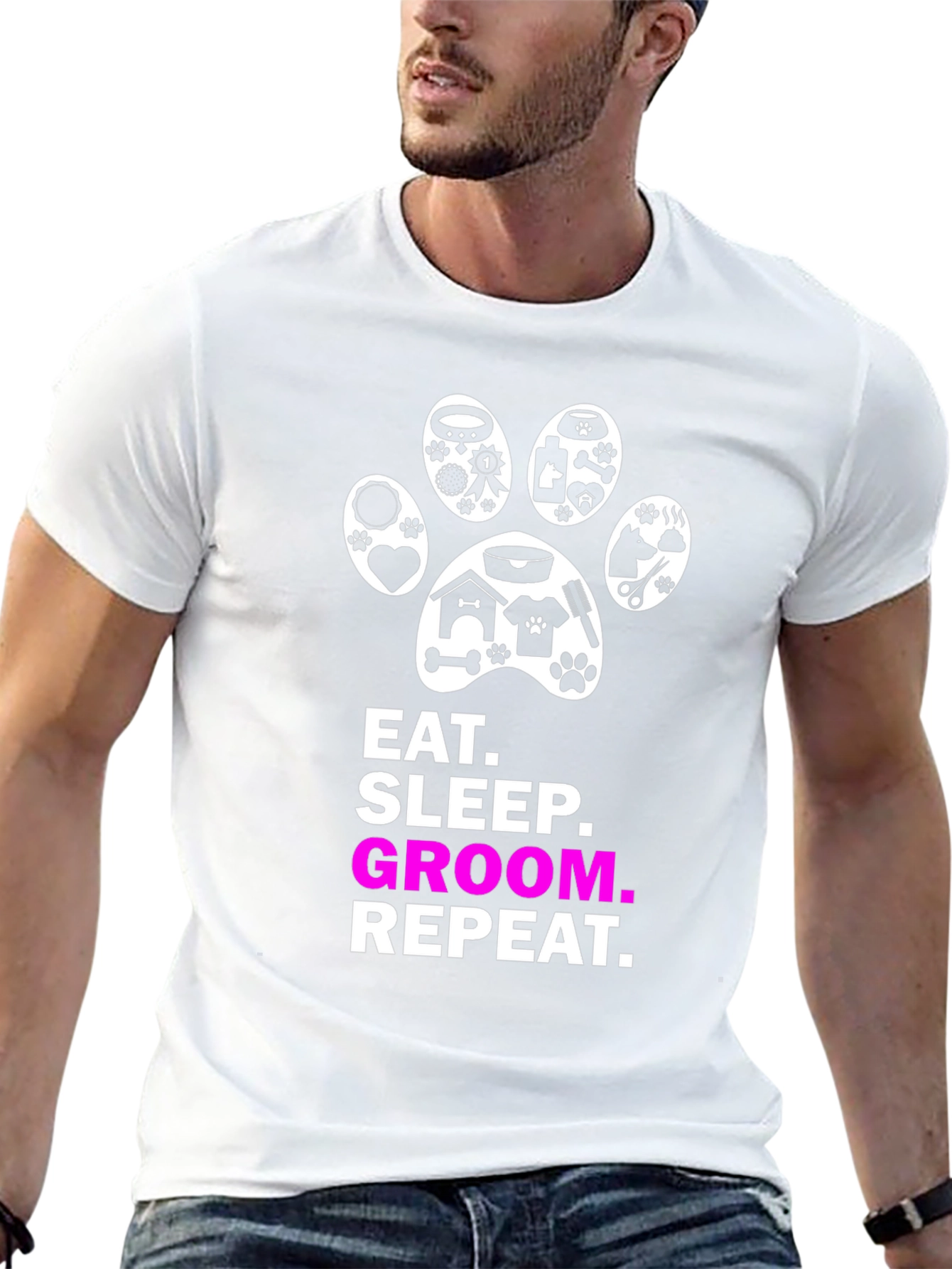 Eat Sleep Groom Repeat Dog Paw Print T-Shirt
