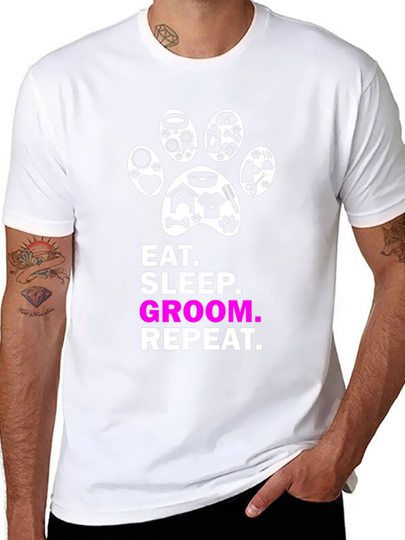 Eat Sleep Groom Repeat Dog Paw Print T-Shirt