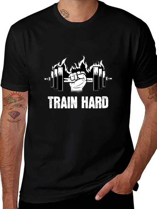 Train Hard Black Graphic Tee - Weightlifting Motivation