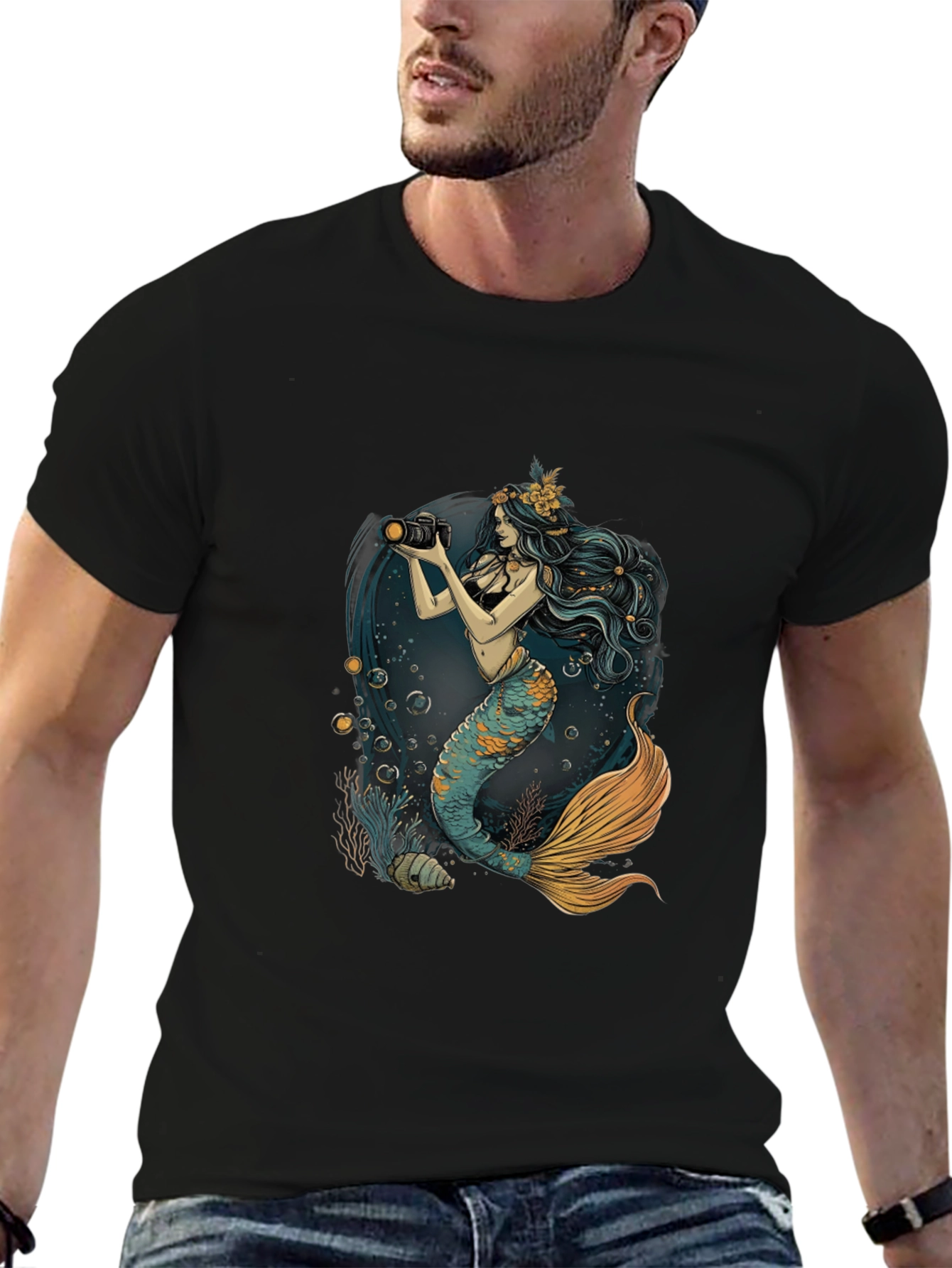 Mermaid Photographer Graphic Tee - Black Cotton Casual Shirt