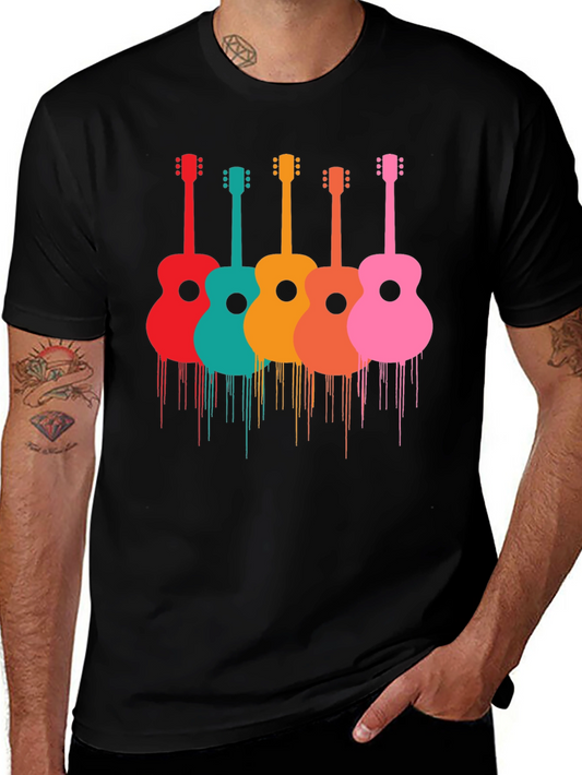 Colorful Guitar Print Black T-Shirt