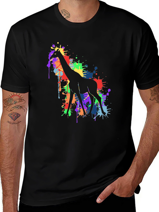 Colorful Giraffe Splatter Art Graphic Tee - Black