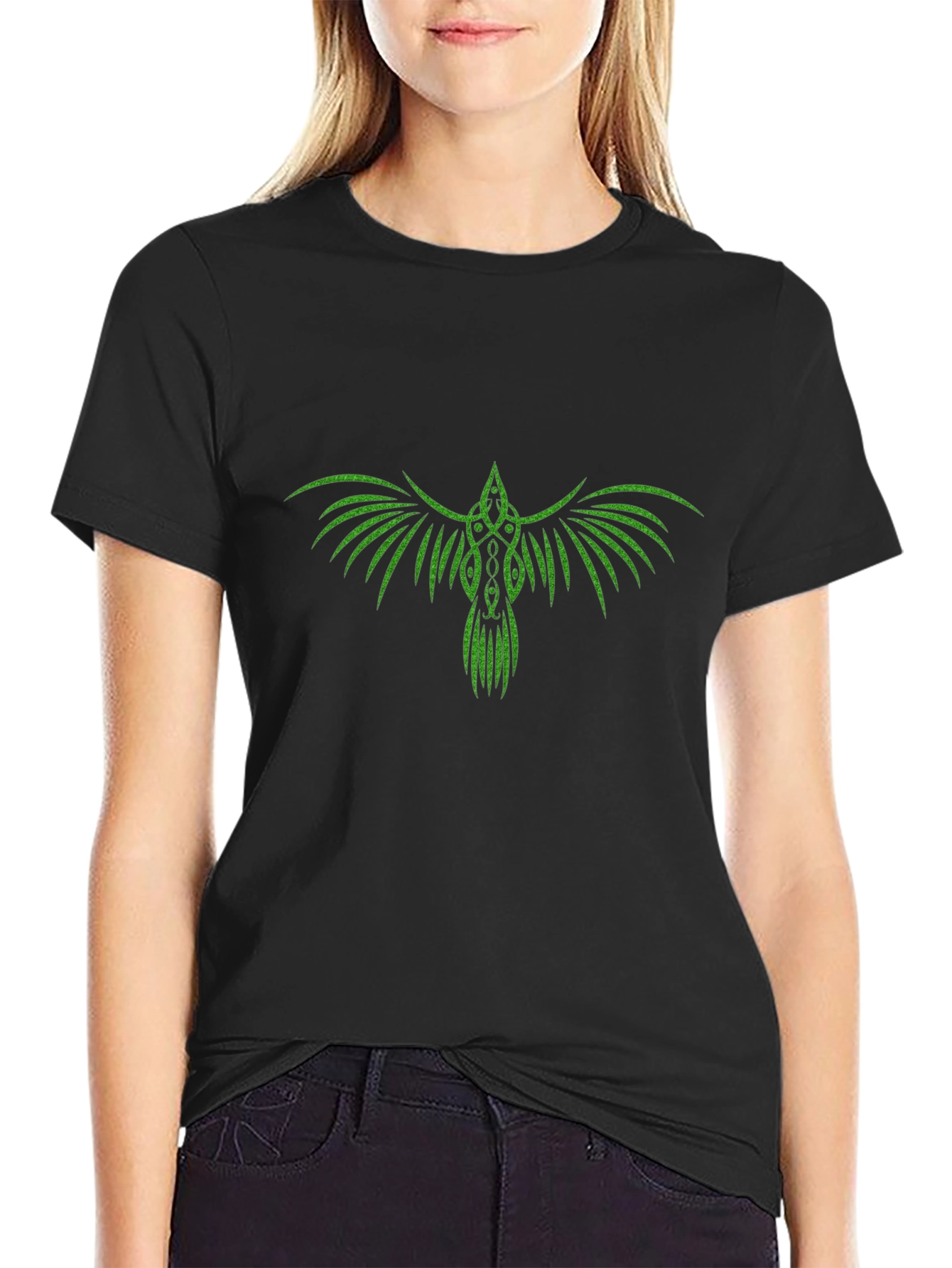 Green Raven Graphic Black T-Shirt