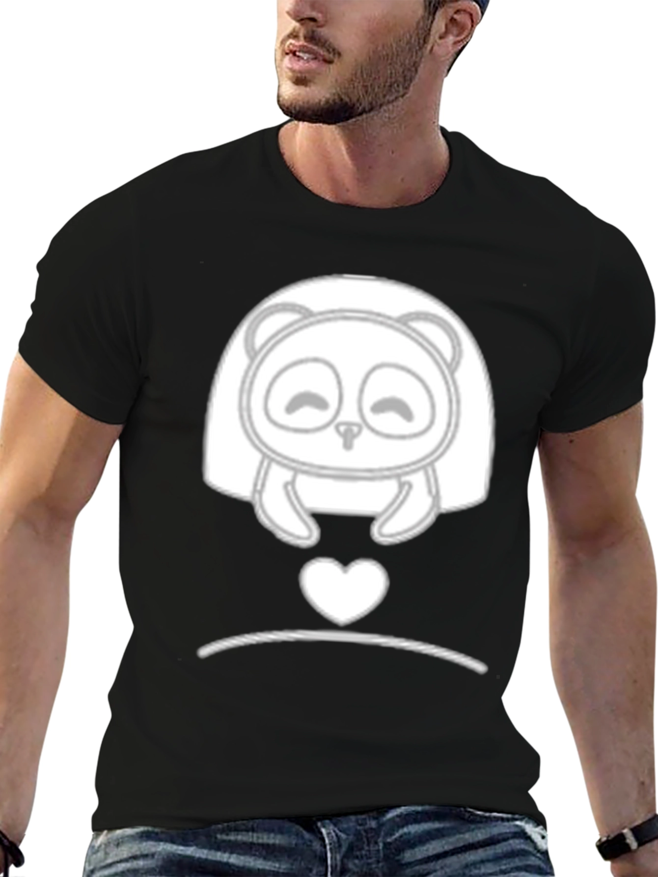 Cute Panda Heart Graphic Black T-Shirt