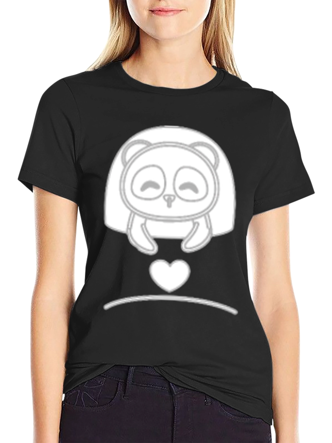 Cute Panda Heart Graphic Black T-Shirt