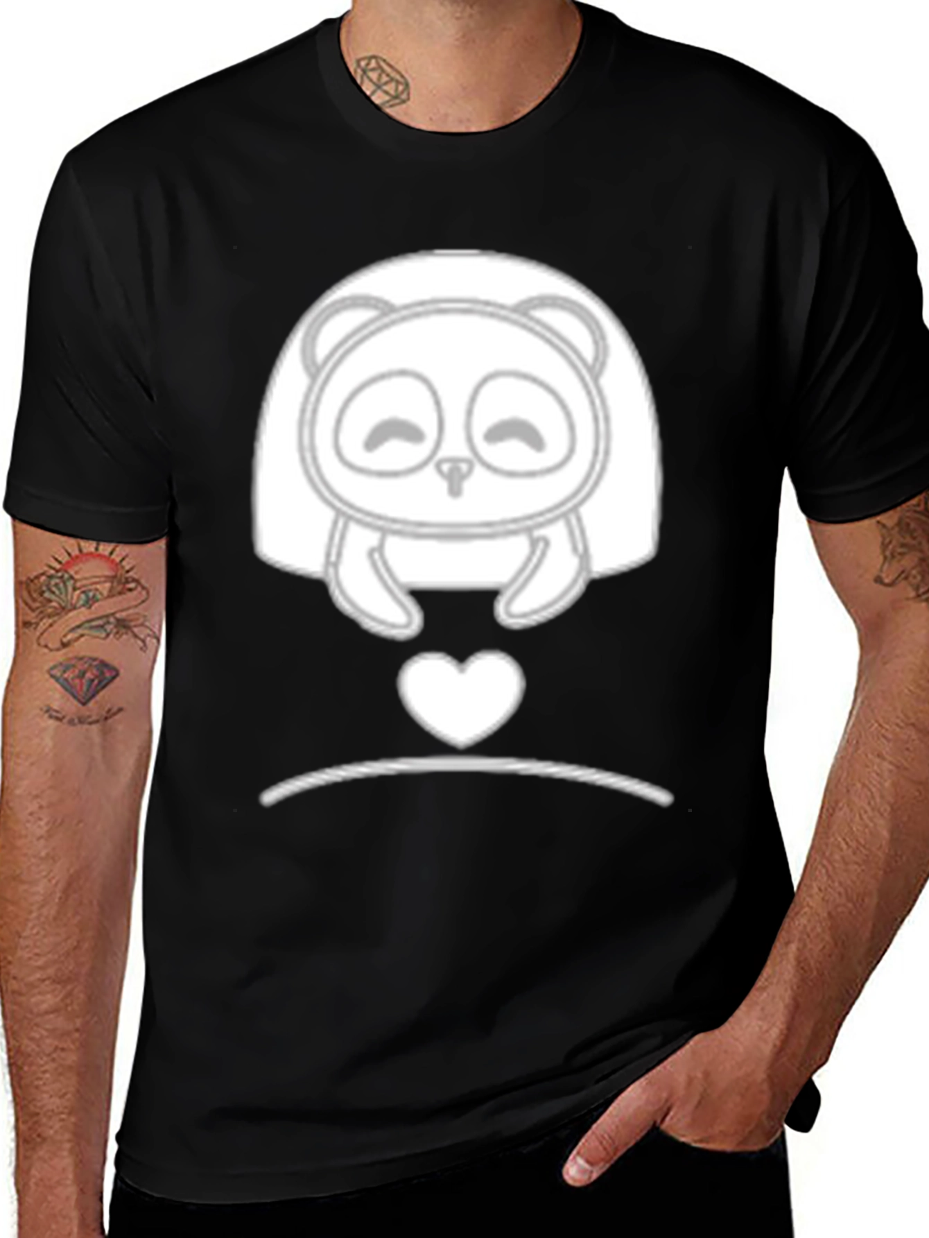 Cute Panda Heart Graphic Black T-Shirt