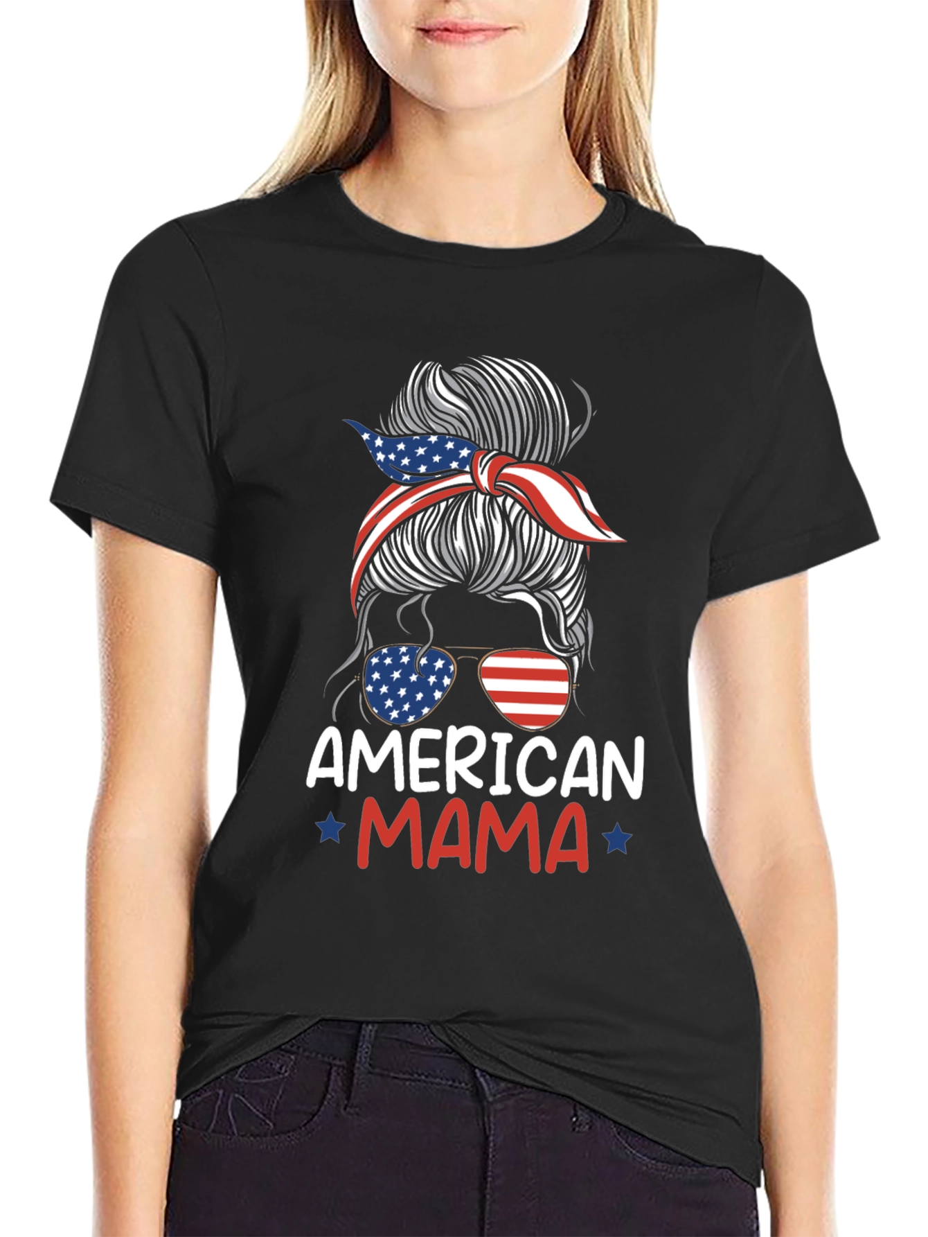 American Mama Messy Bun Patriotic T-Shirt