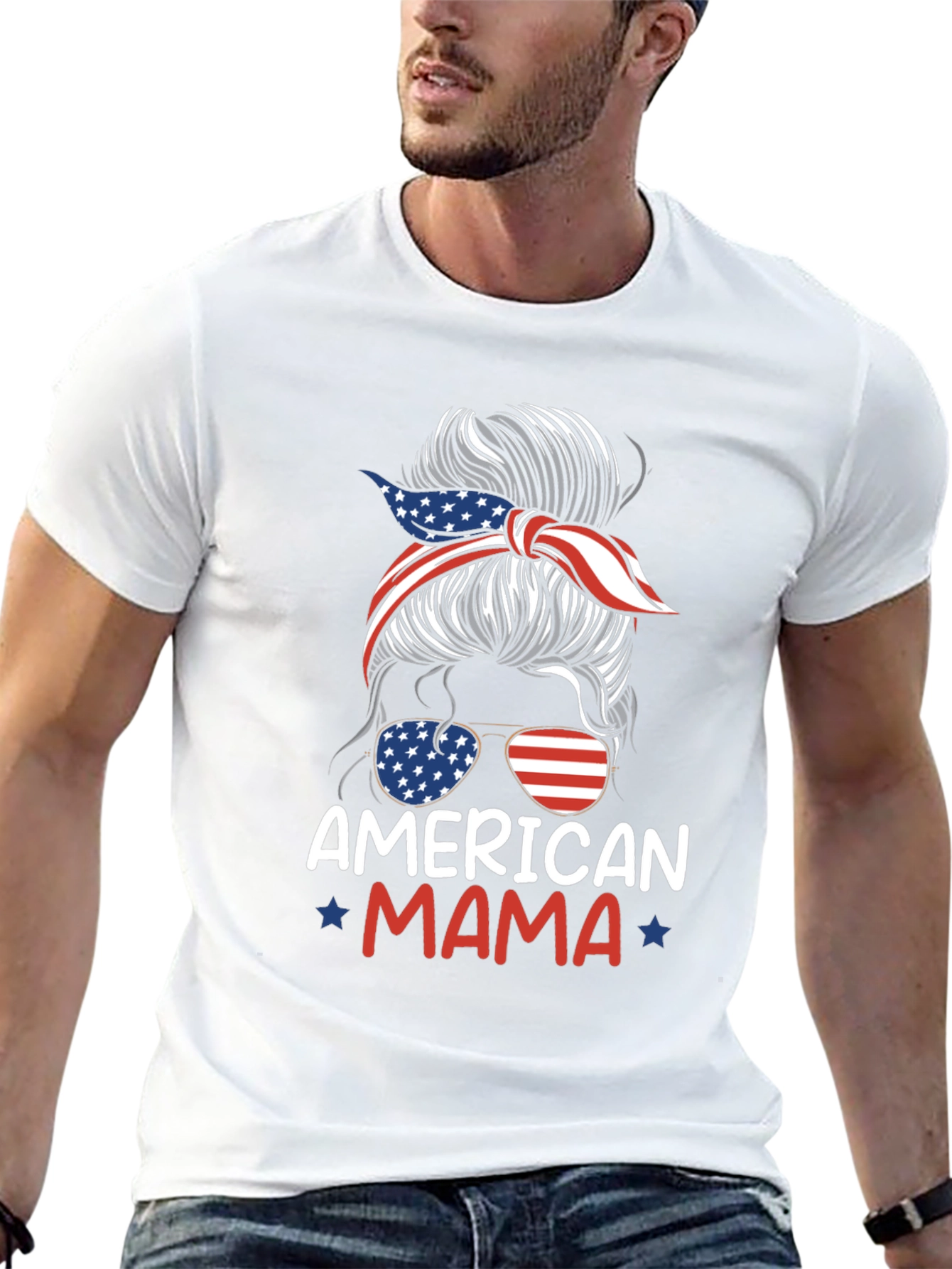 American Mama Messy Bun Patriotic T-Shirt