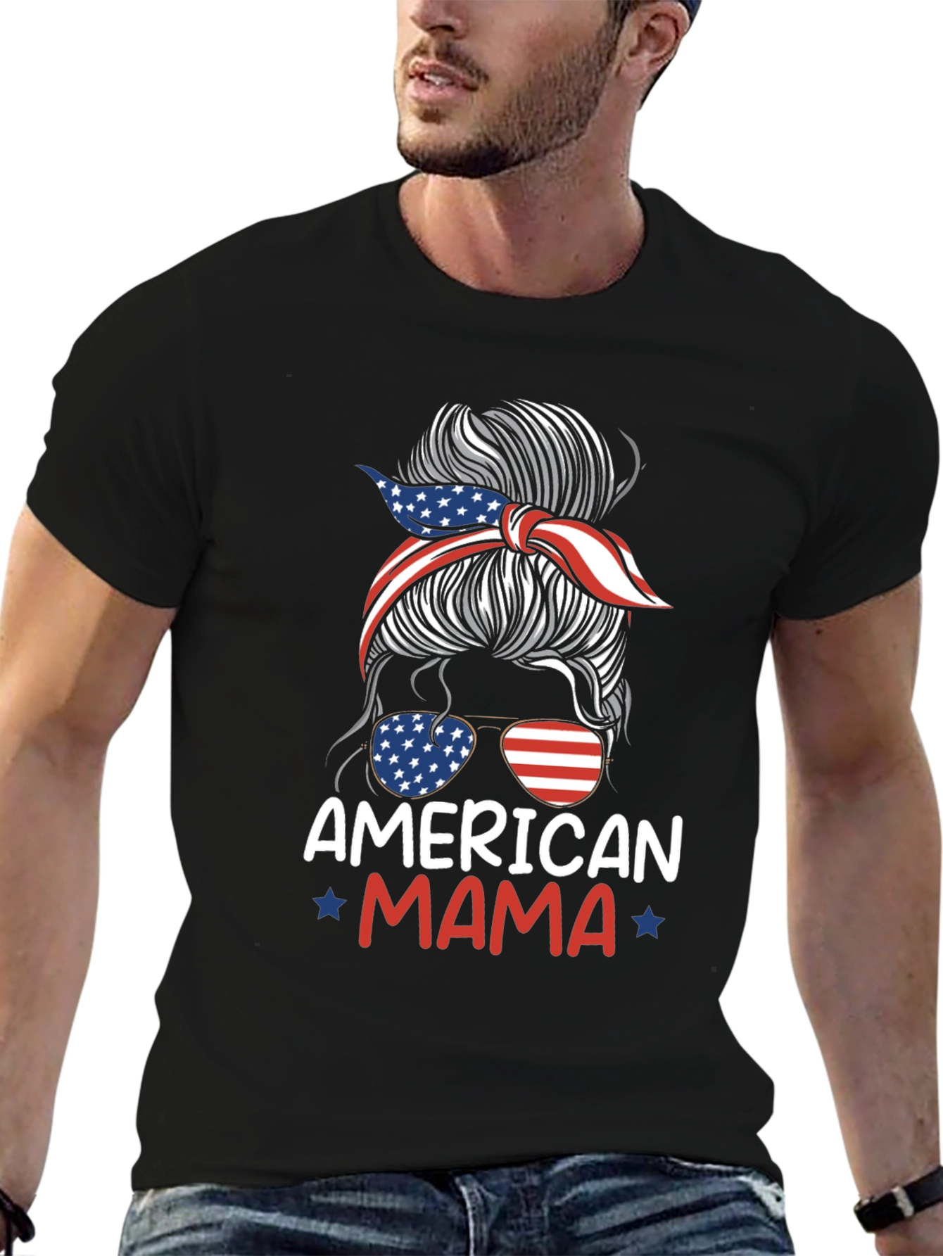 American Mama Messy Bun Patriotic T-Shirt