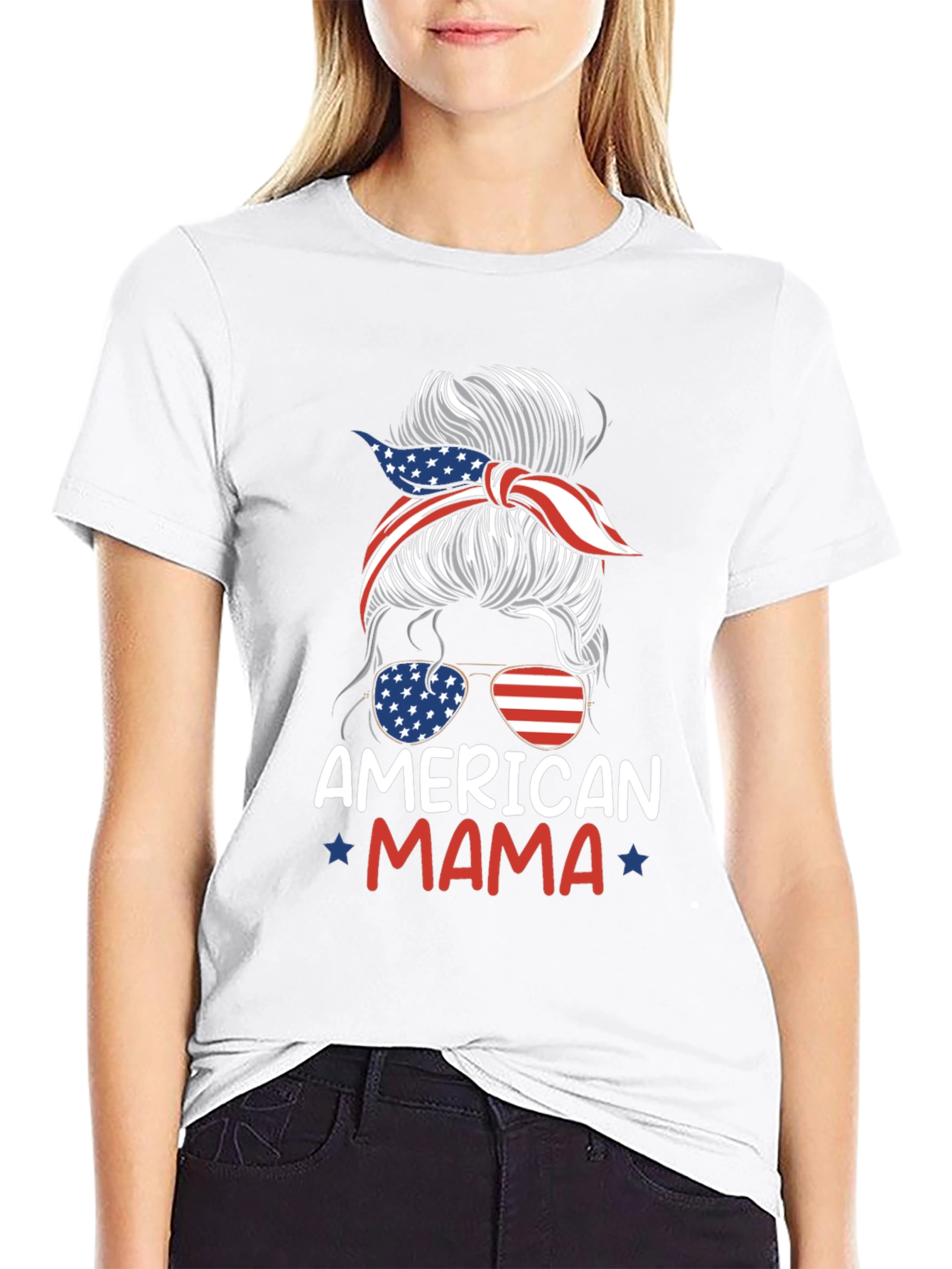 American Mama Messy Bun Patriotic T-Shirt