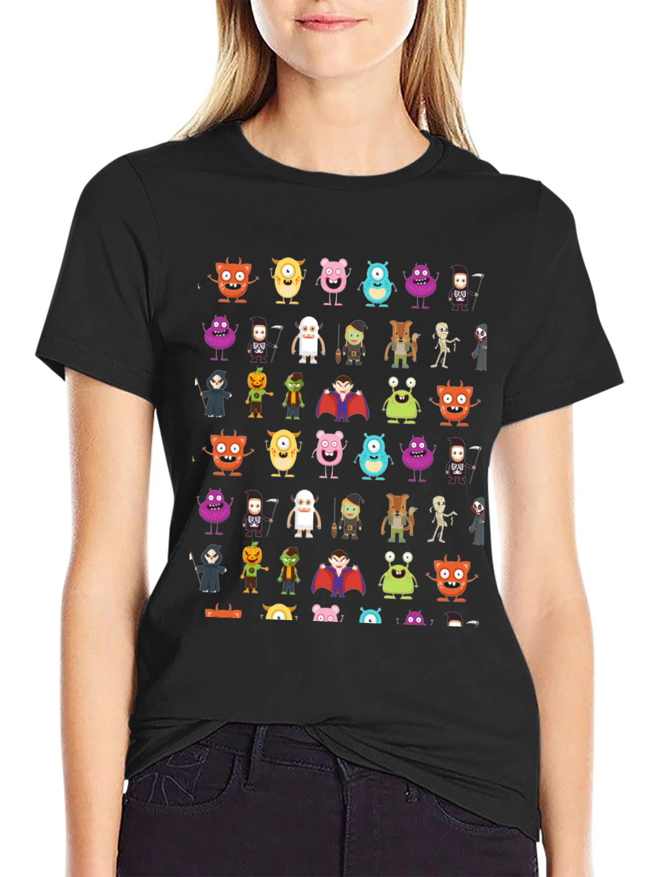 Monster Cartoon Graphic Print Black T-Shirt
