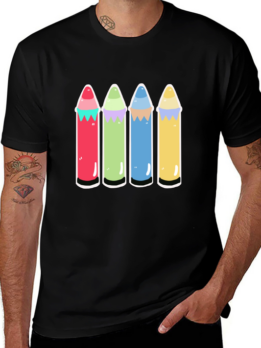 Colorful Crayons Graphic Tee - Trendy Crew Neck T-Shirt