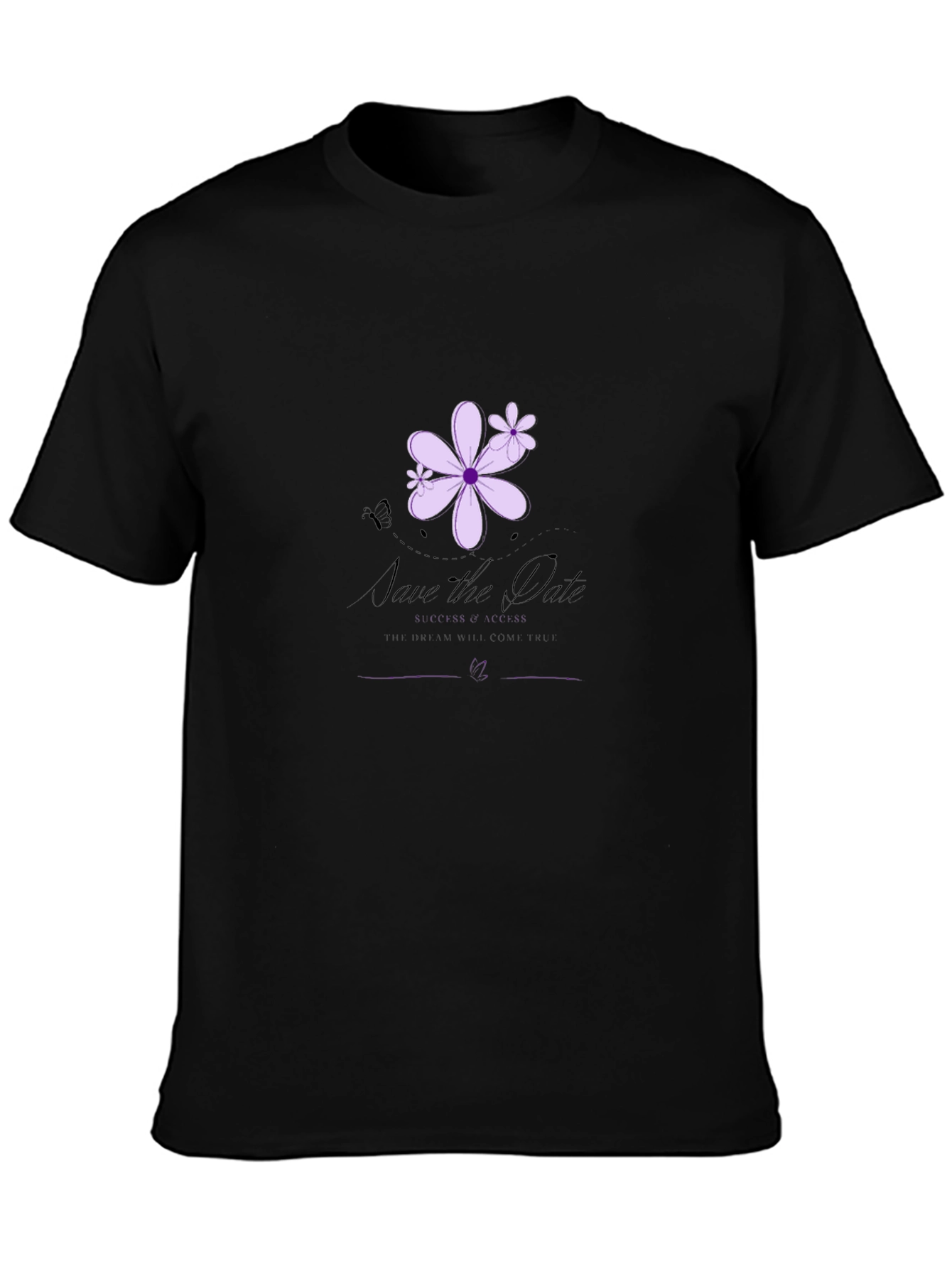 Elegant Black T-Shirt with Floral Save-the-Date Design