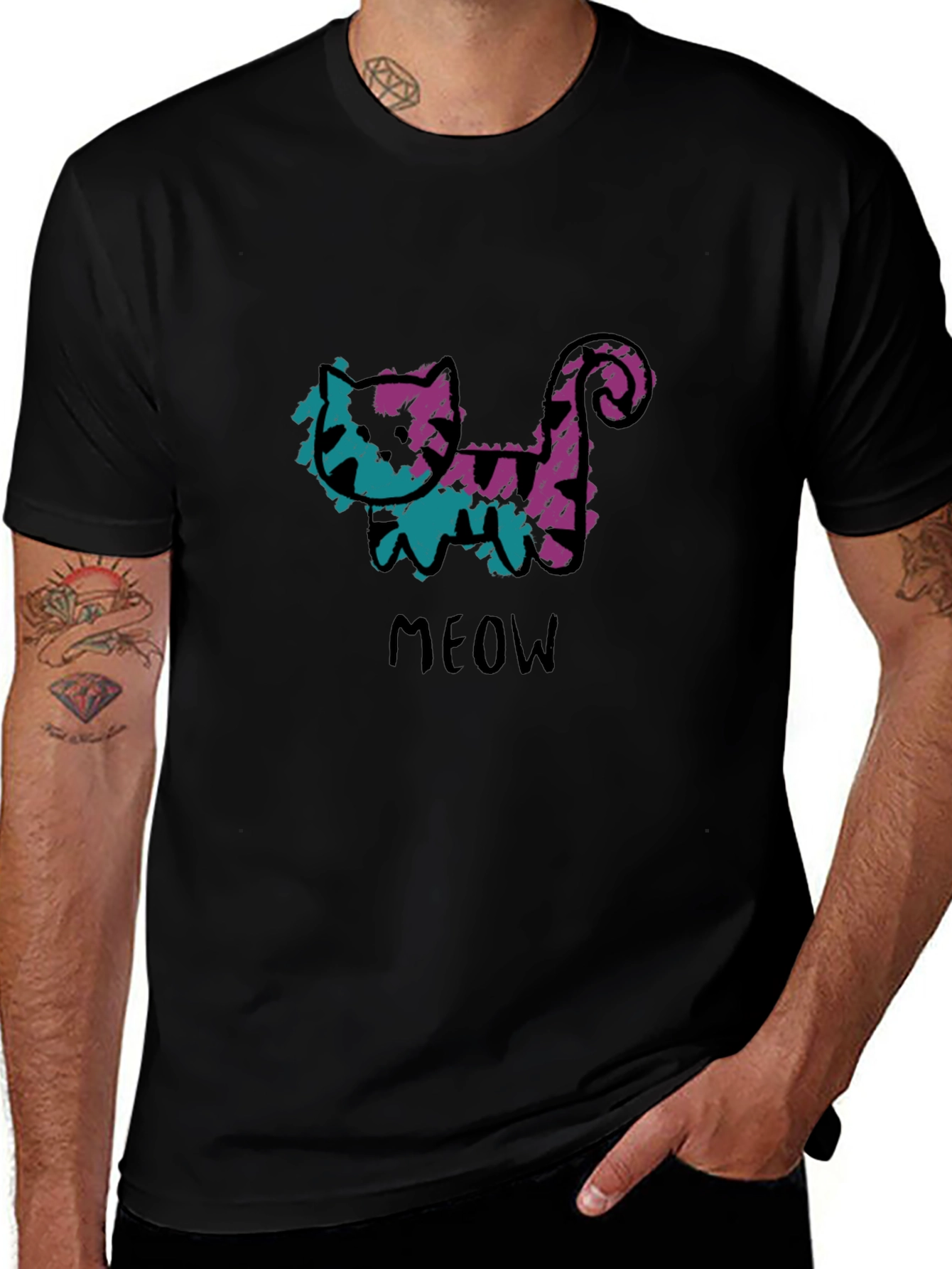 Whimsical Cat Meow Graphic Black T-Shirt