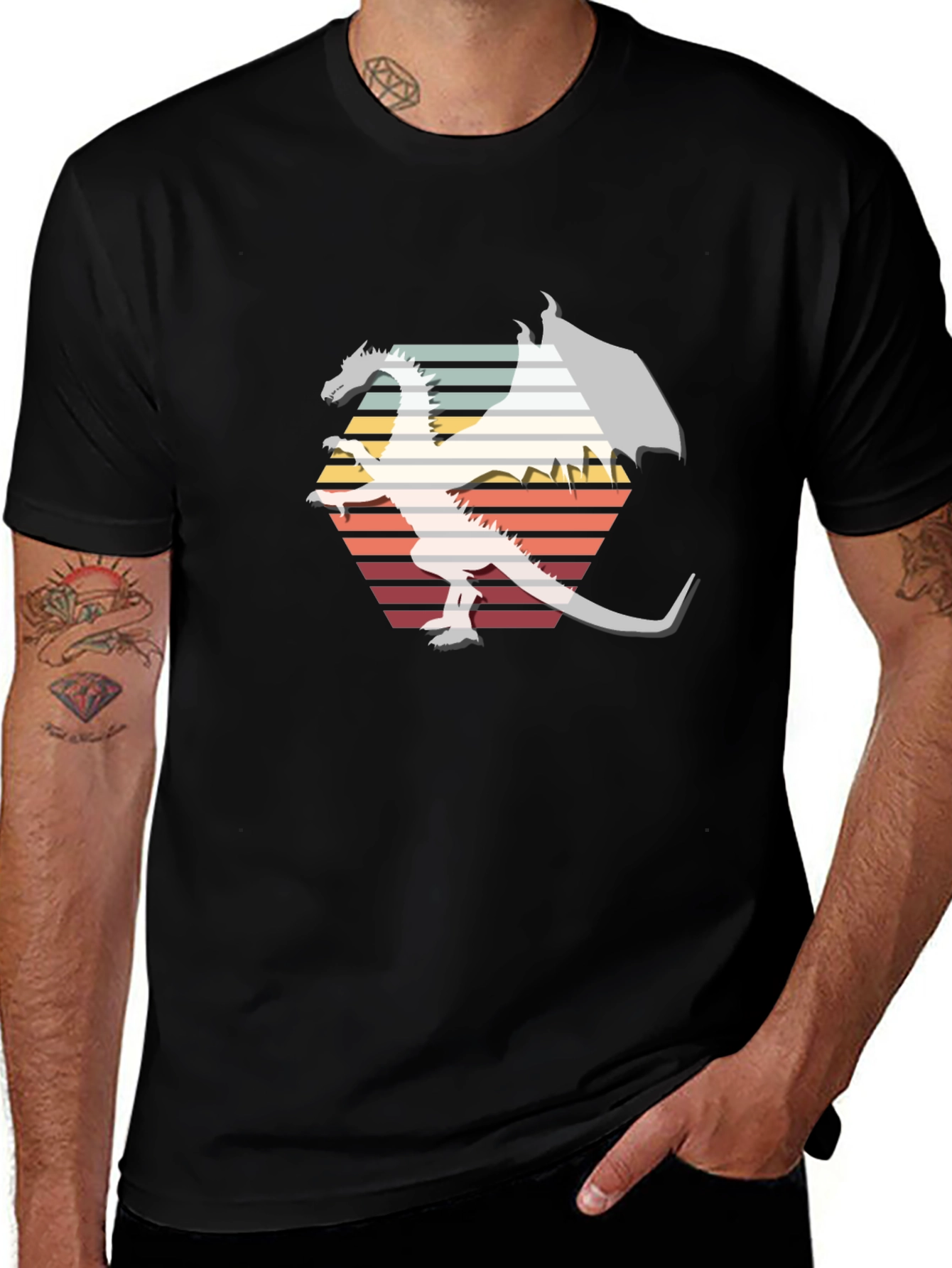 Retro Dragon Graphic Tee - Black Cotton Blend