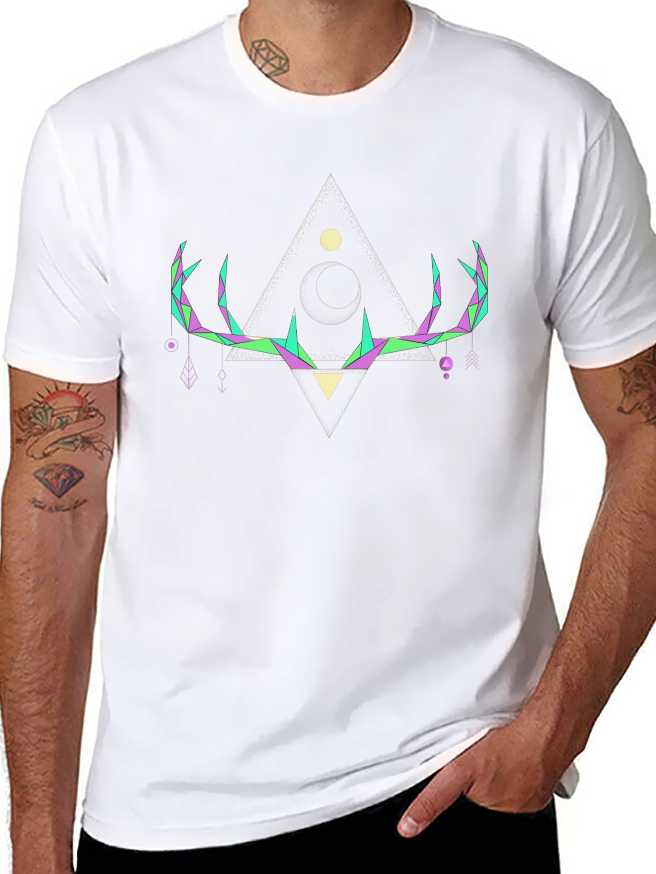 Geometric Deer Antler Graphic T-Shirt - Black
