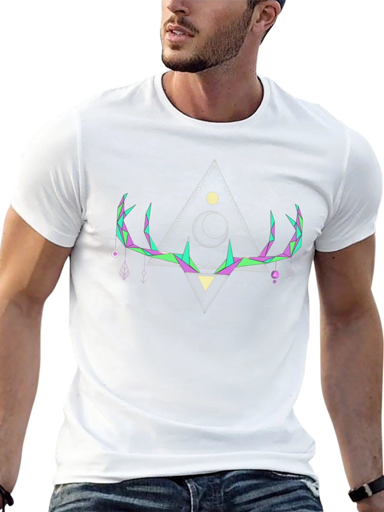 Geometric Deer Antler Graphic T-Shirt - Black