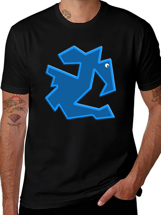 Geometric Blue Animal Graphic Black T-Shirt